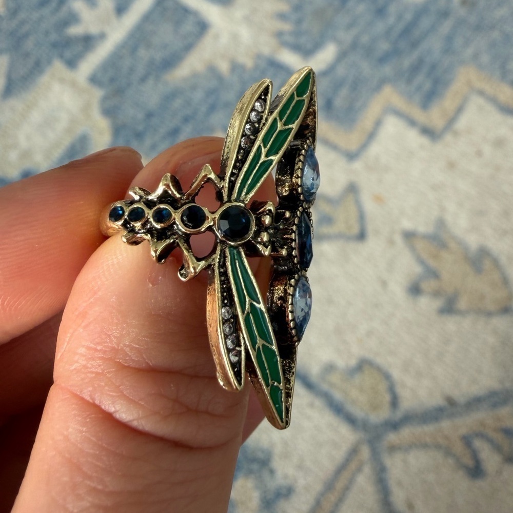 Vintage Enamel Art Deco Ring – Blue Crystal Gold Statement Jewelry - Picture 5 of 11